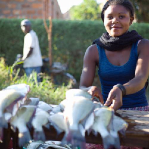 Pretty woman selling fish